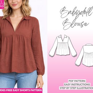 V-Neck Blouse Sewing Pattern Gathered Babydoll Blouse Flowy Blouse Pattern Women Collared Shirt Pattern Boho Blouse Pattern Long Sleeve Top