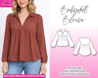 V-Neck Blouse Sewing Pattern Gathered Babydoll Blouse Flowy Blouse Pattern Women Collared Shirt Pattern Boho Blouse Pattern Long Sleeve Top