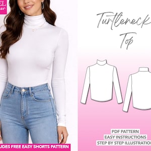 Turtleneck Top Sewing Pattern Long Sleeve Top Pattern Women Sewing Pattern Knit Top Sewing Top for Beginners User Friendly Easy to Learn Sew