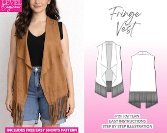 Weste Nähschnittmuster Fransenweste Weste mit offener Vorderseite PDF-Schnittmuster Einfaches Oberbekleidungs-Schnittmuster Festivaljacke Boho-Lederweste Kostüm