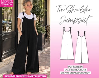 Puede incluir: Un mono negro de pernera ancha con tirantes de lazo y bolsillos laterales, usado sobre una camiseta blanca. La imagen incluye un dibujo técnico del mono, el texto Tie Shoulder Jumpsuit, PDF Pattern, Easy Instructions y Step By Step Illustration.