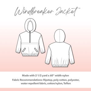 Illustration and detailed description for Plus Size Mens Windbreaker Jacket sewing pattern. Made with 2½ yard x 60” width nylon. Other Fabric Recommendations: Ripstop, poly cotton, polyester, water repellent fabric, cotton/nylon, Teflon.