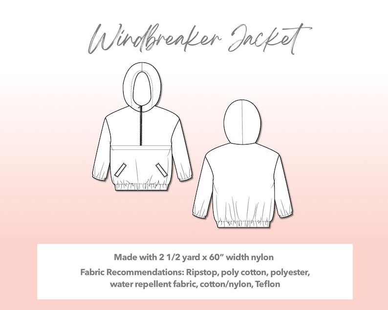 Illustration and detailed description for Plus Size Mens Windbreaker Jacket sewing pattern. Made with 2½ yard x 60” width nylon. Other Fabric Recommendations: Ripstop, poly cotton, polyester, water repellent fabric, cotton/nylon, Teflon.