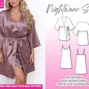 Nightwear Sewing Pattern Women Sleepwear Pattern Night Slip Dress Robe PDF Pattern Kimono Jacket Robe Jacket Nightdress Pattern Nighty PJs