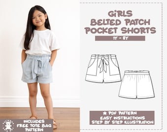 Girls Belted Patch Pocket Shorts Sewing Pattern (PDF Download 1Y-8Y) Bonus Tote Bag