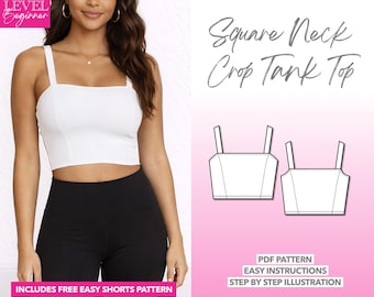 Patrón de costura para top de cuello cuadrado, patrón de top corto, patrón de top sin mangas en PDF, top deportivo para mujer, top corto para hacer ejercicio para principiantes, top de yoga fácil para entrenar