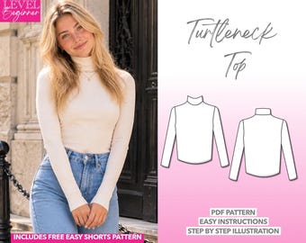 Turtleneck Top Sewing Pattern Long Sleeve Top Pattern Women Sewing Pattern Knit Top Sewing Top for Beginners User Friendly Easy to Learn Sew