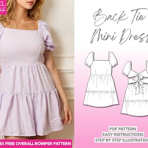 Dress Sewing Pattern Women PDF Pattern Back Tie Ruffle Dress Sewing Pattern Puff Sleeve Dress Pattern Backless Dress Pattern Back Tie Dress