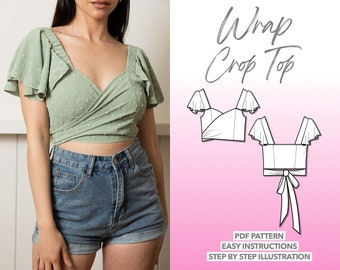 Crop Top Sewing Pattern Wrap Top PDF Pattern Women Top Sewing Pattern Short Sleeve Blouse Pattern Summer Top Sewing Pattern