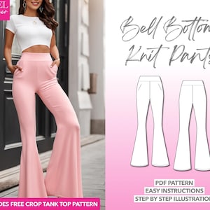 Bell Bottom Knit Pants Sewing Pattern: High Waist (PDF Pattern XS-XXXL)
