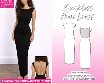 Modello di abito senza schienale da donna, abito aderente, abito lungo, modello PDF, modello di abito sexy, modello di abito lungo, modello di cucito per maglieria, abito con schiena scoperta