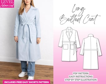 Long Belted Coat Sewing Pattern: Women's Winter Outerwear (PDF Pattern XS-XXXL)
