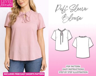 Tie Neck Top Sewing Pattern Puff Sleeve Top Pattern Blouse Pattern Women Ruffle Neck Blouse Workwear PDF Blouse Office Wear Women Clothing