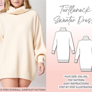 Plus Size Sewing Pattern 0XL-4XL Turtleneck Sweater Dress Pattern Oversized Sweater Dress Pattern Women Sewing Pattern Knit Dress Pattern