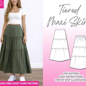 Tiered Maxi Skirt Sewing Pattern: Boho Chic Style (PDF Pattern, XS-XXXL) Bonus Crop Top