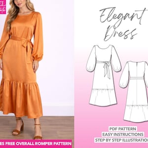 Maxi Dress Sewing Pattern, Lantern Sleeve Dress Pattern, Women Clothing, PDF Pattern, Long Dress, Belted Dress, Elegant Dress Pattern Silk