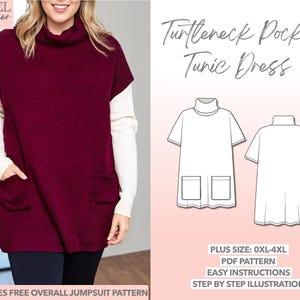 Plus Size Sewing Pattern Turtleneck Pocket Sweater Tunic PDF Dress Sweater Dress Pattern Turtleneck Sewing Pattern Oversized Sweater Pattern