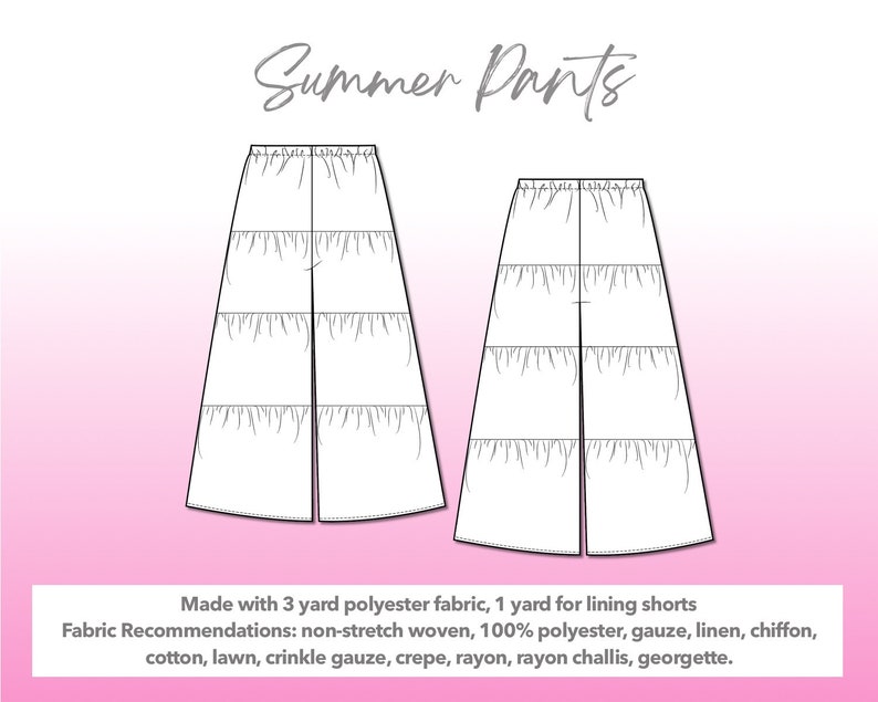 Illustration and detailed description for High Waist Tiered Pants Sewing Pattern sewing pattern. Made with 3 yard polyester fabric, 1 yard for lining shorts. Other Fabric Recommendations: non-stretch woven, 100% polyester, gauze, linen, chiffon, cotton, lawn, crinkle gauze, crepe, rayon, rayon challis, georgette.