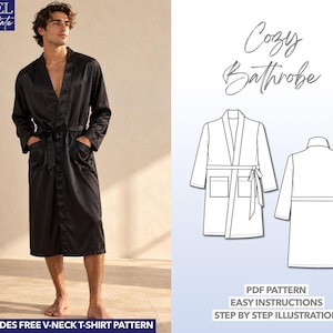 Patrón de costura para bata de hombre Patrón para principiantes Patrón de bata de baño en PDF Patrón de costura para bata de baño cómoda Patrón de bata de baño con cuello Patrón de ropa de estar por casa