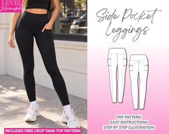 Puede incluir: Leggings negros de talle alto con bolsillos laterales, combinados con un top corto negro a juego. La imagen incluye un dibujo técnico de los leggings, el texto Side Pocket Leggings, PDF Pattern, Easy Instructions, Step by Step Illustration y Includes Free Crop Tank Top Pattern.