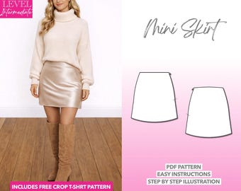 Molde de mini saia: molde fácil em PDF (XS-XXXL) + top curto bônus