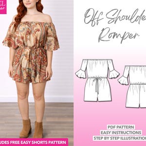 Off Shoulder Bell Sleeve Romper Sewing Pattern: Boho Playsuit (PDF Pattern, XS-XXXL)