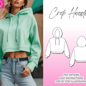 Crop Hoodie Sewing Pattern Women Sewing Pattern Sweatshirt PDF Pattern Drop Shoulder Hoodie Sewing Pattern Crop Top Pattern