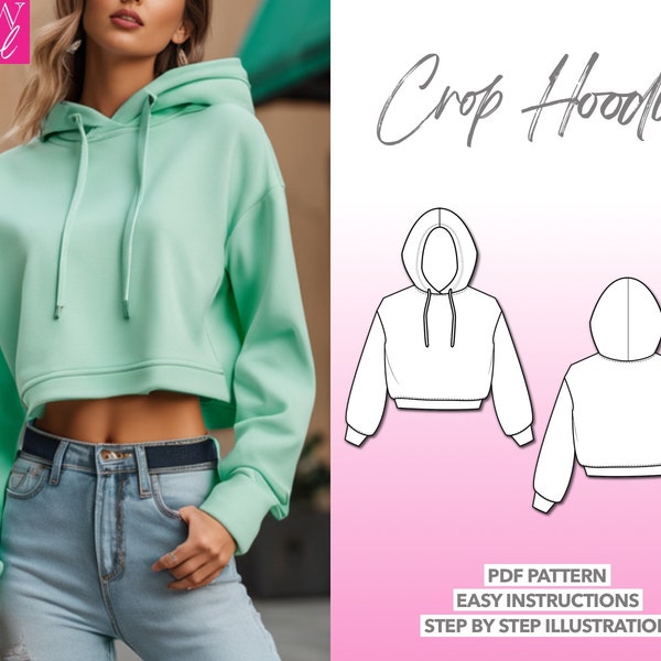 Crop Hoodie Sewing Pattern Women Sewing Pattern Sweatshirt PDF Pattern Drop Shoulder Hoodie Sewing Pattern Crop Top Pattern