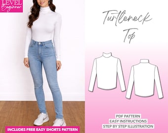 Molde de costura para blusa de gola alta e manga comprida: download em PDF (XS-XXXL)