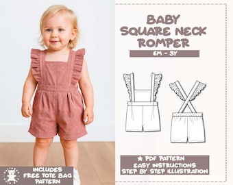 Baby Romper Sewing Pattern: Ruffle Sleeve, Square Neck (PDF Pattern)