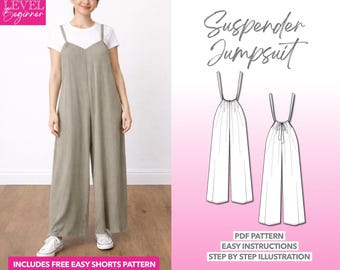 Wide Leg Jumpsuit Sewing Pattern, Suspender Jumpsuit Pattern, Easy Overall Jumpsuit, Loose Fitting Jumpsuit, Linen Jumpsuit for Beginners