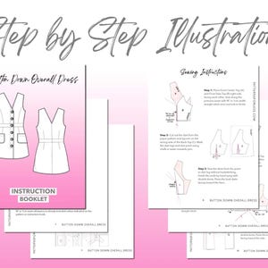 Button Down Overall Dress sewing pattern instruction booklet showing step by step illustrations to make the garment.
