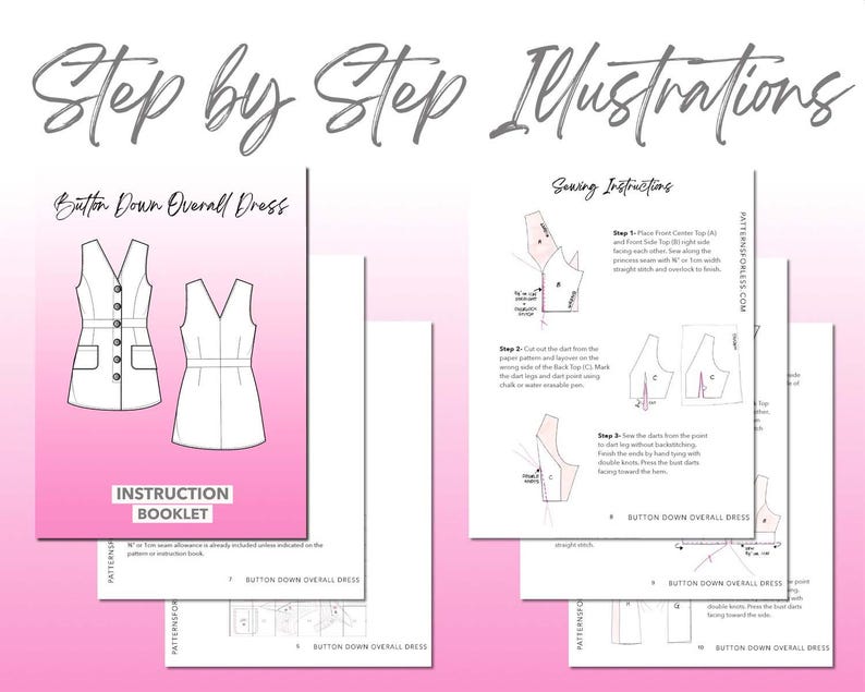 Button Down Overall Dress sewing pattern instruction booklet showing step by step illustrations to make the garment.
