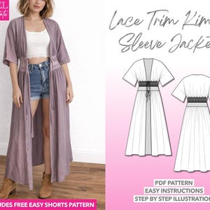 Patrón de costura para chaqueta de kimono con mangas de encaje (Descarga PDF XS-XXXL)