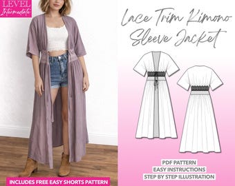 Modello di cucito per giacca con maniche a kimono con pizzo (PDF scaricabile XS-XXXL)