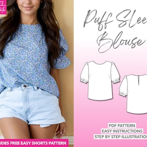 Puff Sleeve Blouse Sewing Pattern Blouse PDF Pattern Women Top Sewing Pattern Cottagecore Top Pattern Milkmaid Top Pattern Puff Sleeve Top
