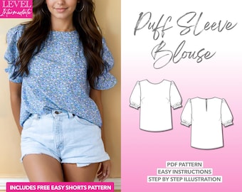 Puff Sleeve Blouse Sewing Pattern Blouse PDF Pattern Women Top Sewing Pattern Cottagecore Top Pattern Milkmaid Top Pattern Puff Sleeve Top