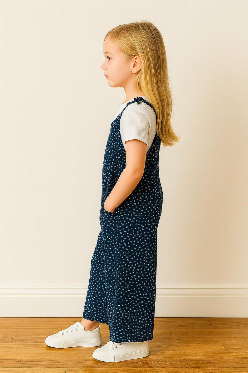 Side view of young girl wearing a navy blue polka dot Tie Shoulder Jumpsuit with white sneakers on a plain background.