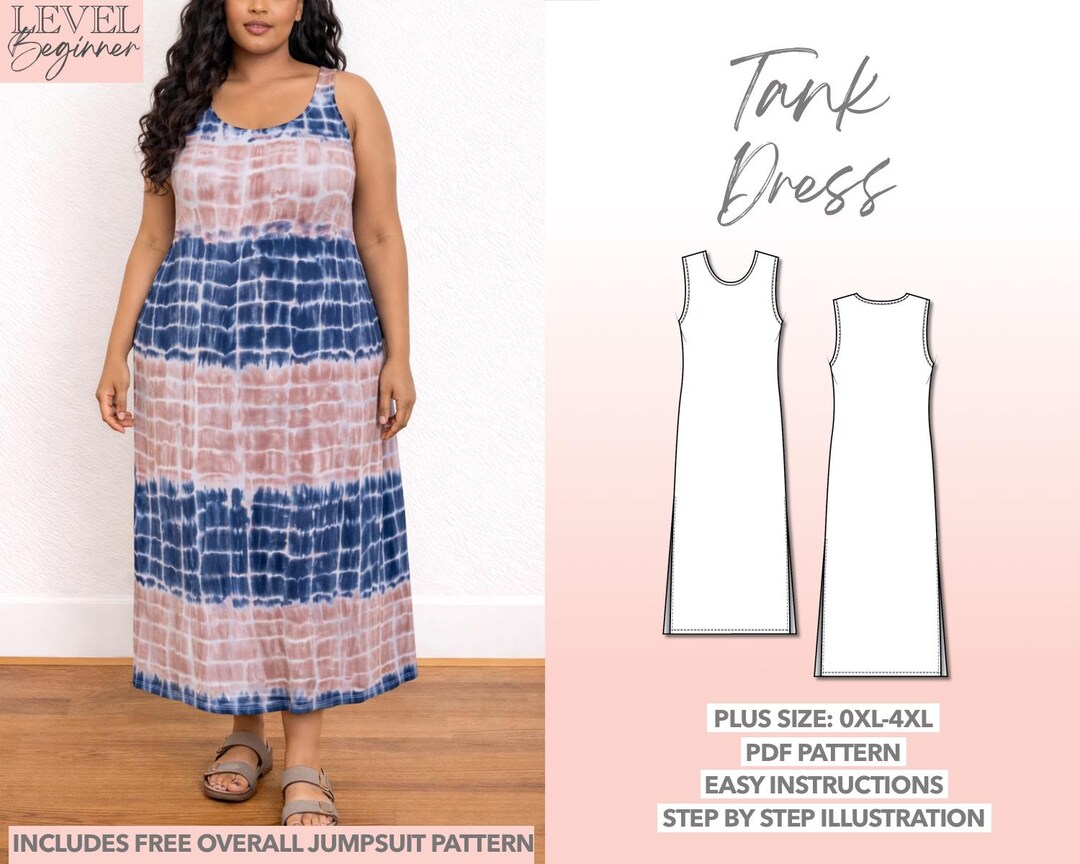 Plus Size Dress Pattern, Tank Dress Pattern, Easy Women Dress Pattern, Split Hem Dress, Knit Dress Pattern, Midi Dress, Beginner Friendly