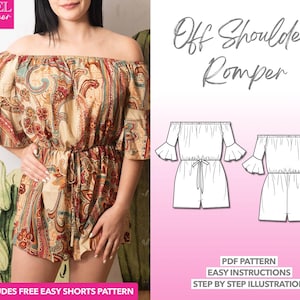 Off Shoulder Bell Sleeve Romper Sewing Pattern: Boho Playsuit (PDF Pattern, XS-XXXL)
