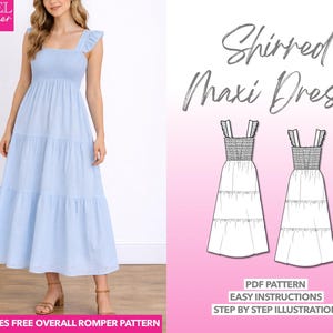 Shirred Maxi Dress Sewing Pattern: Easy PDF Download (XS-XXXL)