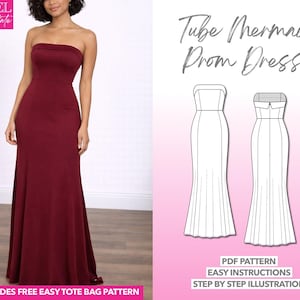 Mermaid Maxi Prom Dress Sewing Pattern: Tube Gown (PDF Pattern, XS-XXXL)