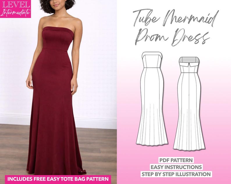 Tube Mermaid Maxi Prom Dress pdf sewing pattern with easy instructions and step by step illustrations.