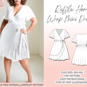 Plus size naaipatroon 0XL-4XL ruche zoom faux wrap mini-jurk PDF-patroon vrouwen naaipatroon wikkeljurkpatroon Plus size jurkpatroon