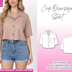 Top Sewing Pattern Crop Oversize Shirt PDF Pattern Crop Top Sewing Pattern Easy Button-Down Shirt Pattern Women Collard Shirt Sewing Pattern
