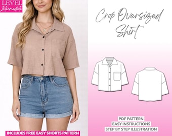 Top Sewing Pattern Crop Oversize Shirt PDF Pattern Crop Top Sewing Pattern Easy Button-Down Shirt Pattern Women Collard Shirt Sewing Pattern