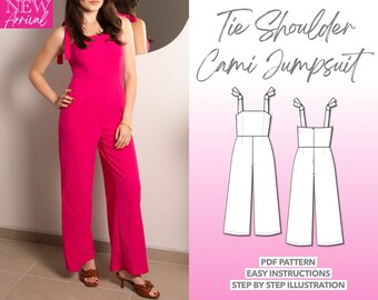 Jumpsuit Sewing Pattern Tie Shoulder Cami Jumpsuit Pattern Women Jumpsuit Sewing Pattern Knit Jumpsuit PDF Pattern