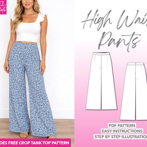 Naaipatroon hoge taille wijde pijpen broek: damesmaten XS-XXXL (pdf-patroon)