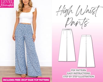 Patrón de costura para pantalones anchos y de cintura alta: Tallas de mujer XS-XXXL (Patrón PDF)