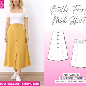 Button Front Midi Skirt Sewing Pattern: Beginner-Friendly (PDF Pattern XS-XXXL)
